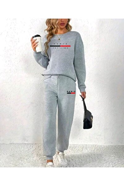 Elvino Women's Exclusive Paris Printed Oversized Winter 3 Thread Gray Crew Neck Sweatshirt and Sweatpants Set