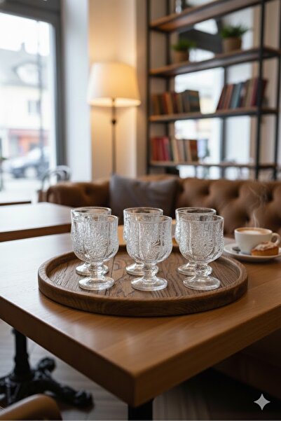 zaTen Pazar Kristal Desenli Ayaklı Kahve Yanı Bardağı & Sunum Seti (6 Adet)