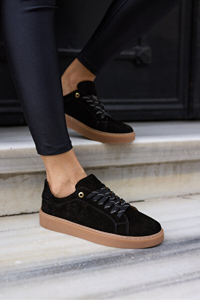 ANGELİNA JONES Raspa Women's Black Genuine Leather Suede Lace-Up Sneaker