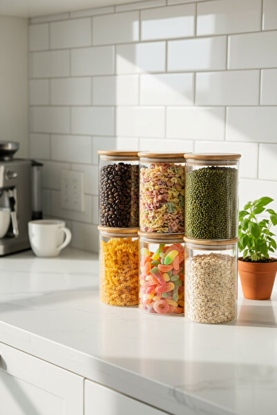 zezedesing Borosilicate 6-Piece Spice Jar & Storage Jar Set 250ml – Bamboo Vacuum Lid