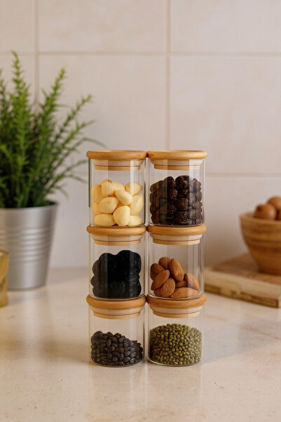 zezedesing Borosilicate 6-Piece Spice Jar & Storage Jar Set 250ml – Bamboo Vacuum Lid