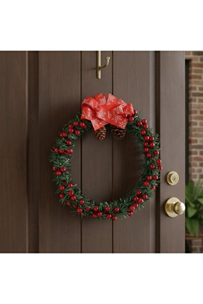 dyris Kokinalı Yeni Yıl Kapı Süsü – Kırmızı Kurdele ve Kozalak Detaylı Yılbaş...