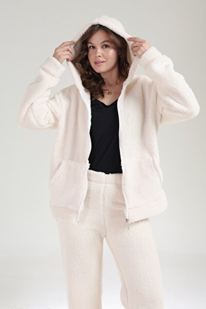 Tight Lady Team Welsoft Winter Wide Leg Pants and Kangru Pocket Hooded Zippered Cardigan Bottom Top Plush Set