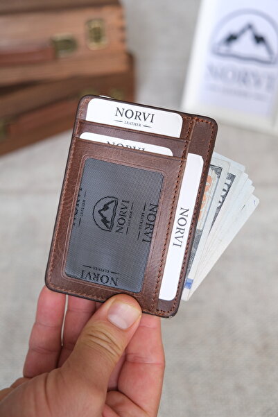 Norvi Leather Genuine Leather Card Holder with Id Compartment, Cappuccino Color 1140