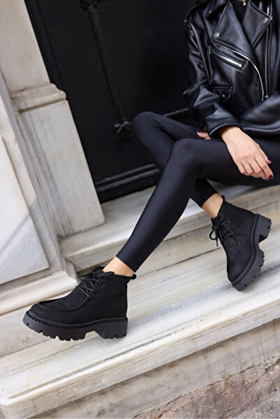 ANGELİNA JONES Dorina Women's Black Suede Boot with Lace-Up Detail