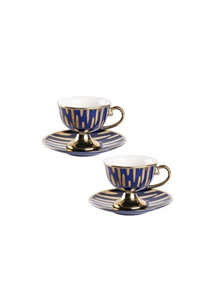 Tantitoni 2-Piece Dark Blue Footed Glass with Shiny Gold Pattern Lady New Bone Brown Cup Set