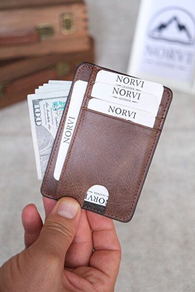 Norvi Leather Genuine Leather Card Holder with Id Compartment, Cappuccino Color 1140