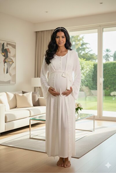 Lohusa Dünyasi Lohussa Kadın Ekru Dantelli Tasarım %100 Pamuk Hamile Lohusa S...