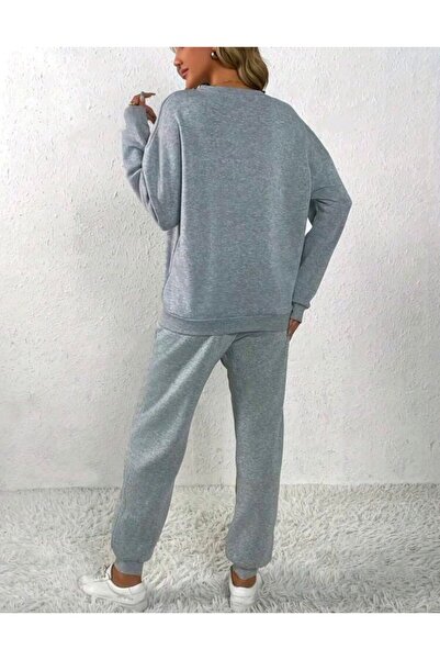 Elvino Women's Exclusive Paris Printed Oversized Winter 3 Thread Gray Crew Neck Sweatshirt and Sweatpants Set