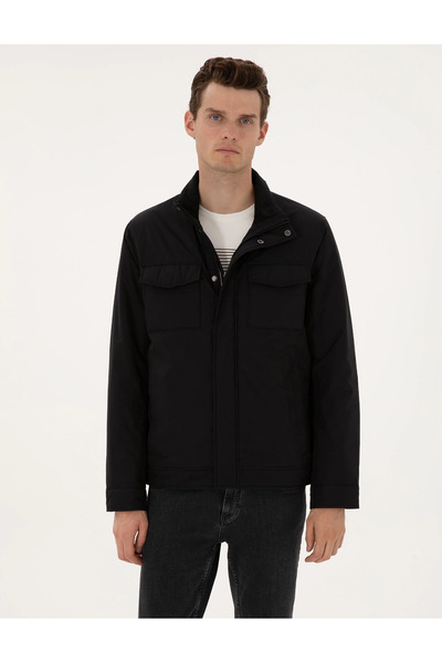 Pierre Cardin Stand-Up Collar Black Coat