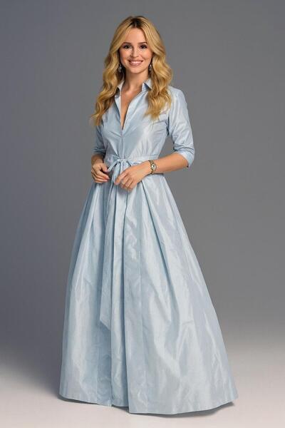 ALYEL NAKER فستان قميص أنيق من التفتا بطول ماكسي مع أكمام ثلاثية الأرباع وفتح...