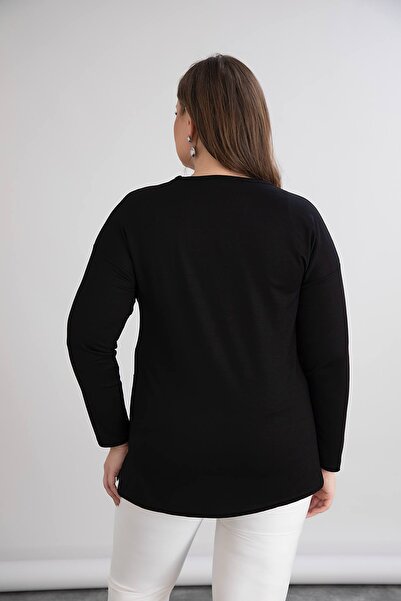 QUAWEAR Μπλούζα με λεπτομέρεια χτενίσματος από βαμβακερό χτενισμένο ύφασμα με λαιμόκοψη με τύπωμα