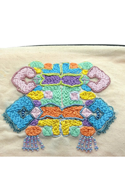 KalemonArt Etnik Punch Nakışı ve Boncuk Detaylı Kanvas Clutch Çanta