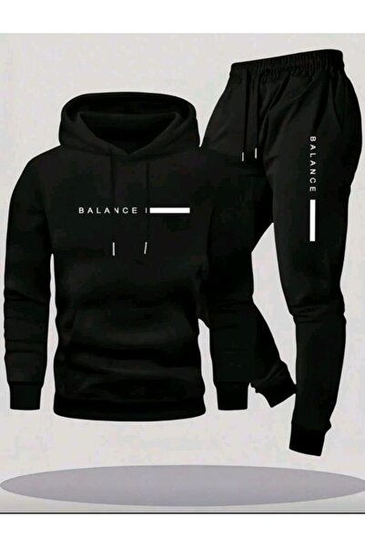 Elvino Balance Printed Oversized Winter 3 Thread Black K Hooded Sweatshirt and Sweatpants Set