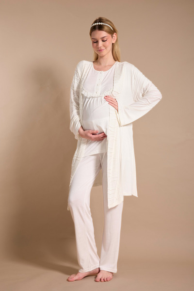 Lohusa Dünyasi Lohussa Women's Ecru Patterned Lace Design 100% Cotton Maternity Loungewear Pajama Set