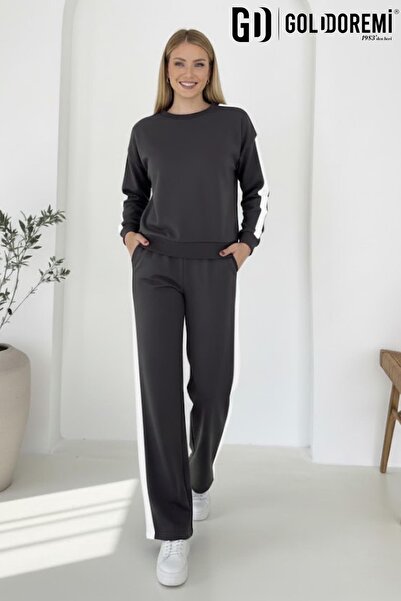 gd goldoremi 040 Modal Women's Striped Detail Sleeves Cuffed Loose Fit Tracksuit Set