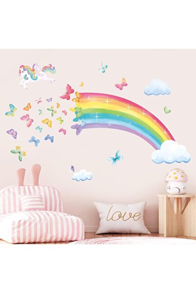 Decalmile ملصقات حائط بألوان قوس قزح ووحيد القرن وفراشة لغرفة نوم البنات