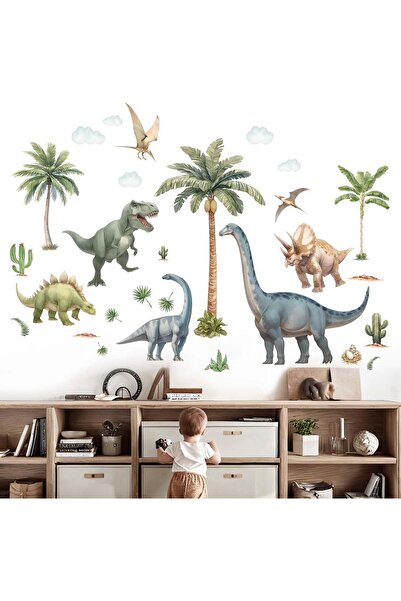 Amimagen Large Dinosaur Wall Decals - Tropical Palm Tree Leaf Dino Wall Stickers