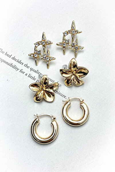 roshel 3 Çift Küpe Çiçek, Halka, Kuzey Yıldızı Set Küpe