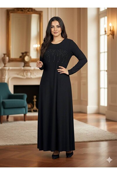 QUAWEAR Round Neckline Glitter Stone Embroidered Combed Cotton Dress