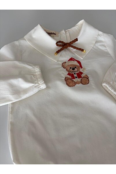 il mio bambino Handmade 100% Cotton Baby Boy Christmas Teddy Bear Embroidered Shirt - Long Sleeve