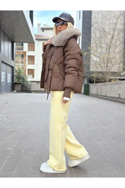 Robin 99899 Πουπουλένιο παλτό με γούνινο γιακά καφέ