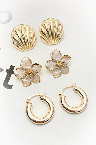 roshel 3 Pairs Earrings Flower, Hoop, Seashell Oyster Set Earrings