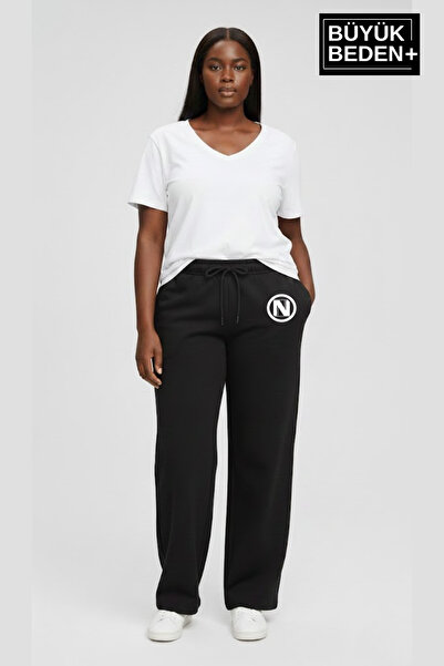 Superlife Women's Plus Size N Logo Printed Relaxed Fit Elastic Waistband Flared Sweatpants Spr26Eak952-4