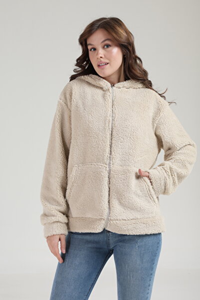 Tight Lady Thick Texture Welsoft Winter Kangru Pocket Hooded Zippered Plush Cardigan