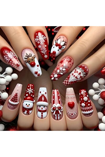 Accessories Hei Kırmızı Yılbaşı Temalı Kendinden Yapışkanlı Takma Tırnak Seti...