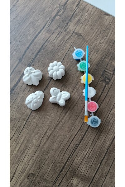 Akgün's 4'lü Taş Boyama Seti _ Kelebek, Arı, Uğur Böceği ve Papatya _ Boya ve Fırça Hediye!!!