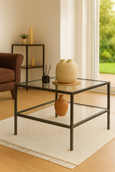 AVİBO HOME Valencia Siyah Yan Sehpa Dar Alanlar İçin Orta Sehpa 55"55"46 Şeff...