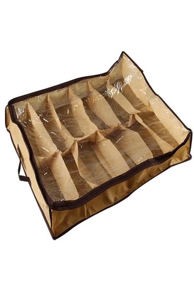 Generic Under-bed shoe storage organizer, 12 compartments, with transparent zipper, brown and beige, non-woven fabric
