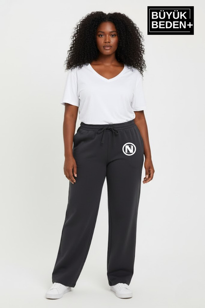 Superlife Women's Plus Size N Logo Printed Relaxed Fit Elastic Waistband Flared Sweatpants Spr26Eak952-4