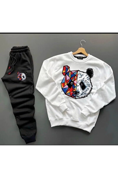 ALCİNOUS New Season Unisex Bottom-Top Tokyo Panda Printed Crew Neck Sweat-Cotton Sweatpants 2-Piece