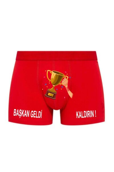 HediyeMania Başkan Geldi Kaldırın Kupa Baskılı Espirili Kırmızı Erkek Boxer Pamuklu