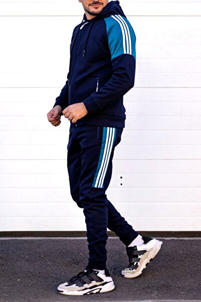 EXCLUSIVE STYLE Men's navy/turquoise cotton tracksuit with white stripes - HALF DG
