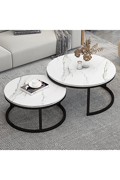 Twinkle Mart Nesting Coffee Table Set of 2, Round Marble Top with Steel Frame (White, 70+50cm)