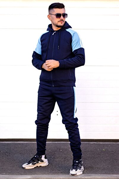 EXCLUSIVE STYLE Men's navy/light blue cotton tracksuit with white stripes - HALF DG