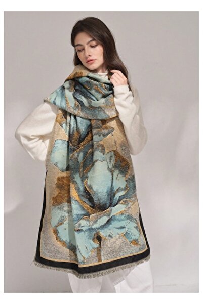 The Casius. Long shawl-style women's scarf – Large blue flowers pattern, beige-gold (The Casius)