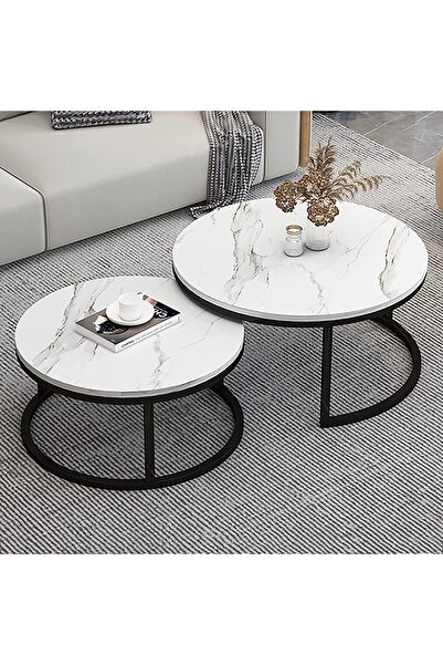Twinkle Mart Nesting Coffee Table Set of 2 - Round Marble Top, Steel Frame (White, 70+50cm)