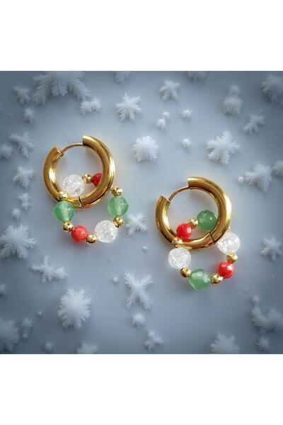 Home New Year Natural Stone Lucky Steel Hoop Earrings