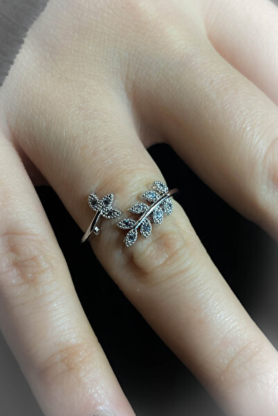 roshel Çelik İnce Yaprak Taşlı Yüzük Ayarlı