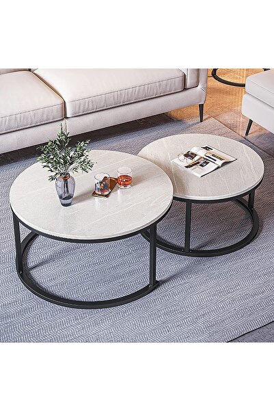 Twinkle Mart Modern Nesting Coffee Table Set of 2, Round End Tables, White, Engineered Wood & Metal