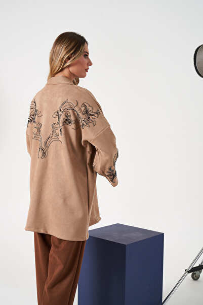 MİA NOURA Women's Oversize Kimono with Sleeves and Embroidered Back in Suede Fabric