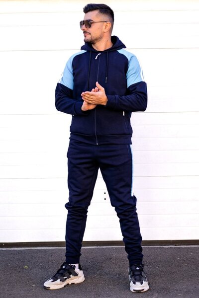 EXCLUSIVE STYLE Men's navy/light blue cotton tracksuit with white stripes - HALF DG