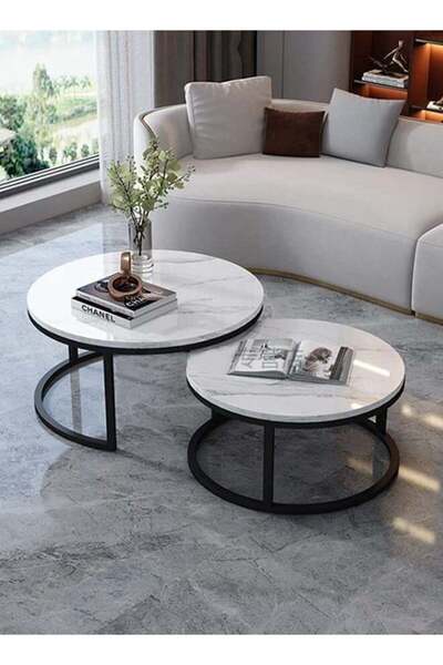 Twinkle Mart Nesting Coffee Table Set of 2 Round Center Tables with Metal Legs