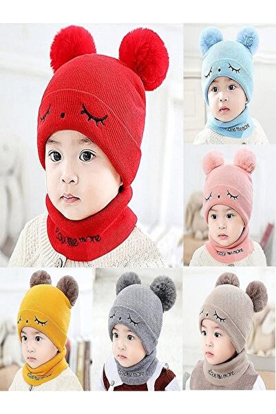 Generic Warm double wool hat with scarf and winter accessories for children, boys and girls (1-3 years)