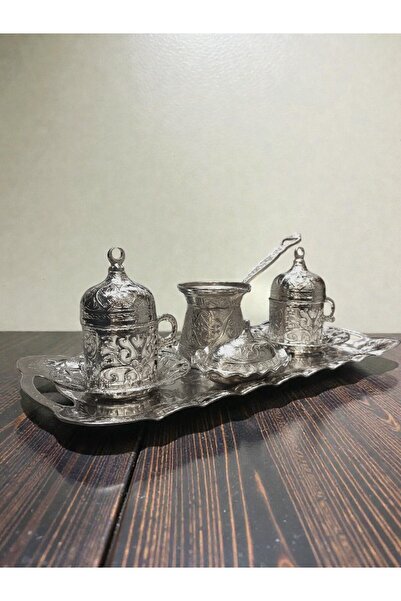 E orient طقم أكواب قهوة تركية لشخصين بنقوش عثمانية نحاسية (فضي)