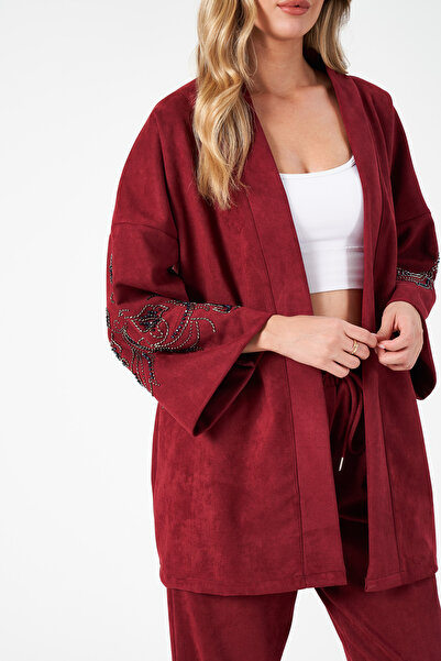 MİA NOURA Women's Oversize Kimono with Sleeves and Embroidered Back in Suede Fabric